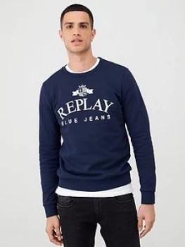 Image of Replay Blue Jeans Logo Print Sweatshirt - Navy Size M Men