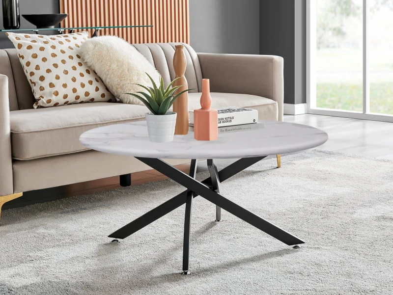 Image of FurnitureboxUK FurnitureboxUK Novara Round Marble Effect Glass Top Coffee Table With Black Metal Starburst Legs in White White One Size Unisex 5056542
