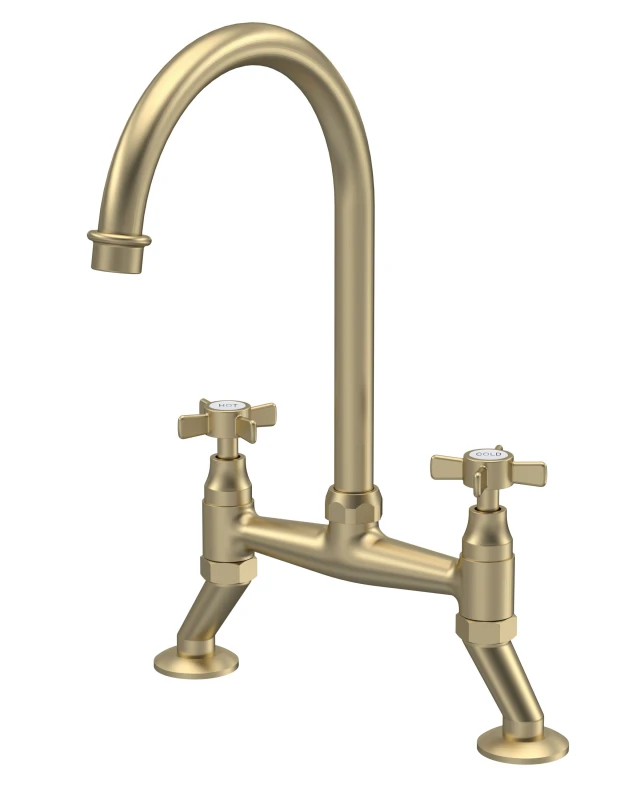 Image of Balterley Classic Bridge Mixer Kitchen Tap with Crosshead Handles Brushed Brass Bronze