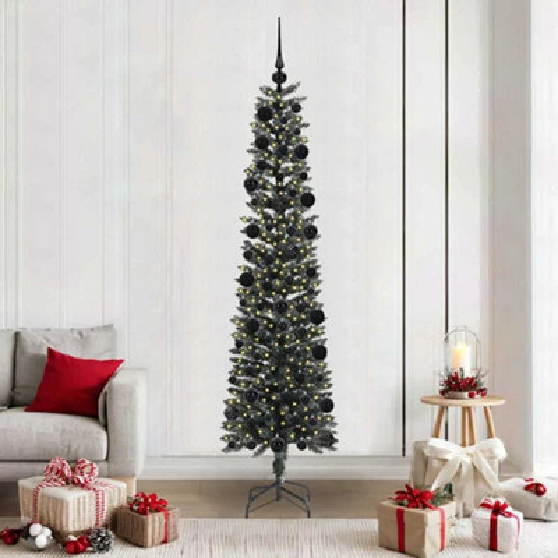 Image of vidaXL Artificial Christmas Tree with 300 LEDs, Black Balls Green 58 x 58 x 210 cm, Green 3395953
