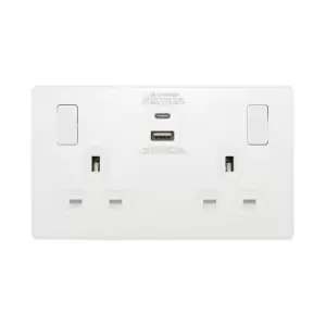 Image of BG Evolve Pearl White Double Switched 13A Power Socket + USB C 30W + USB A (2.1A) - PCDCL22UAC30W