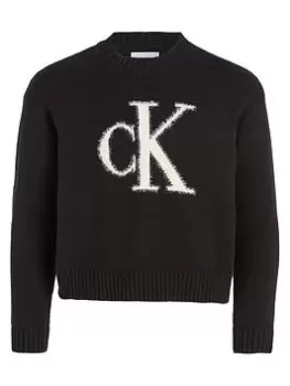 Image of Calvin Klein Jeans Girls Fluffy Monogram Sweater - CK Black, Size Age: 14 Years, Women