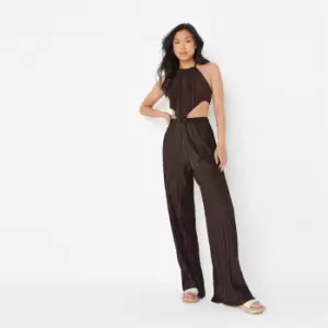 Image of Missguided Wide Leg Plisse Trousers - Brown