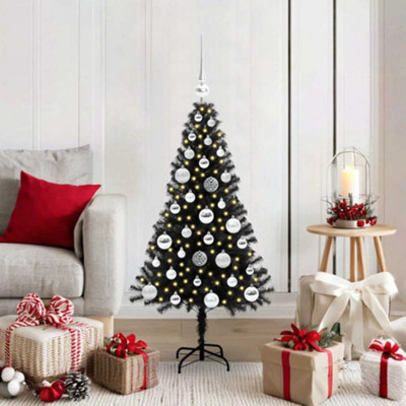 Image of vidaXL Christmas Tree with 150 LEDs, Silver Balls with Stand Black 120cm PVC, Black 3396461