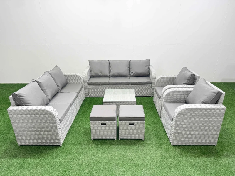Image of Fimous PE Rattan High Back Lounge Sofa Set Patio Square Coffee Table & Chairs Set with 3 Seater Sofa Reclining Chair Stools Light Grey Light Grey