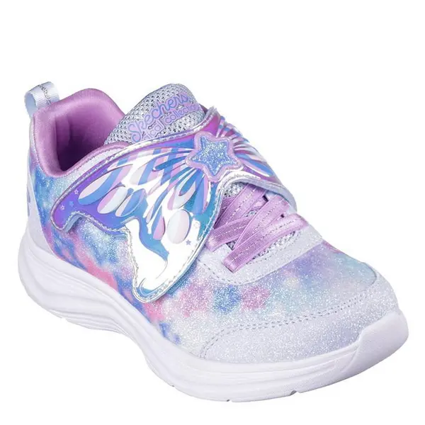 Image of Skechers Girls Glimmer Kicks Multi Sparkle Print Fairy Wing Lighted Trainer, Blue, Size 2 Older