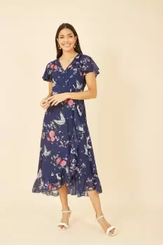 Image of Navy Satin Crane Print Wrap Dress