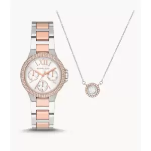 Image of Michael Kors Womens Mini Camille Multifunction Two-Tone Stainless Steel Watch And Steel Necklace Set - Rose Gold / Silver