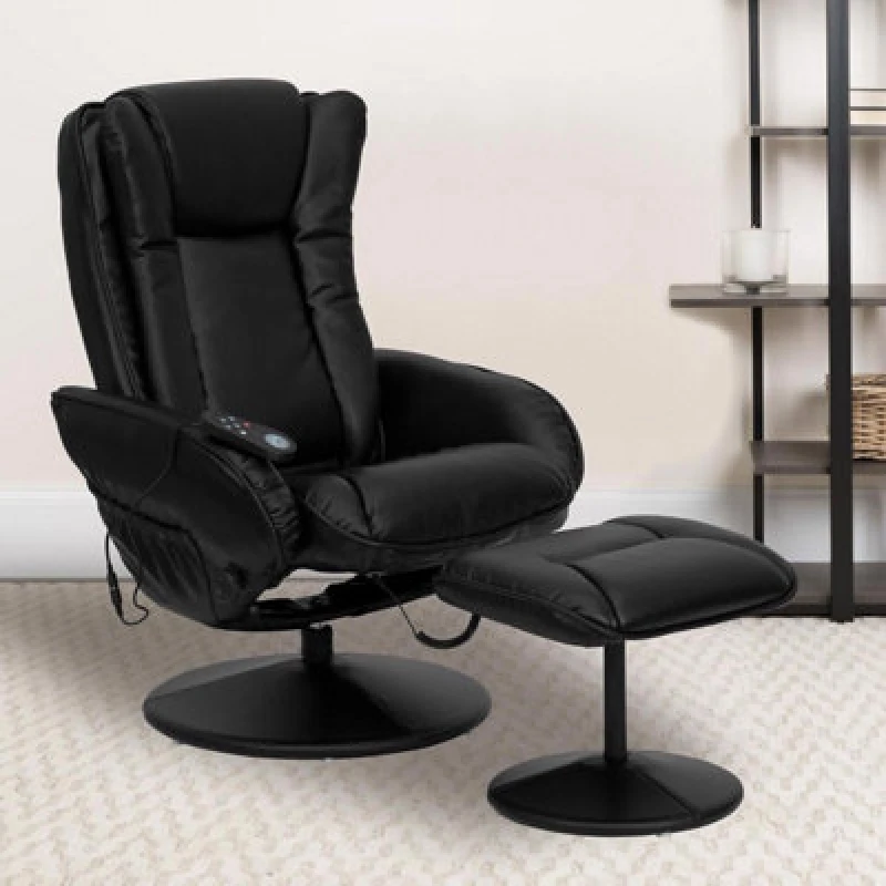 Image of FWStyle Black Faux Leather Heated Massaging Reclining Armchair With Stool Black Unisex
