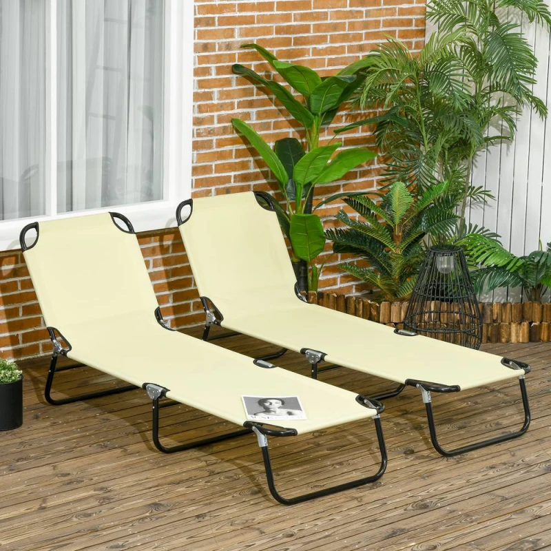 Image of OUTSUNNY Folding Sun Loungers Set of 2 with Adjustable Backrest, Beige Beige Unisex