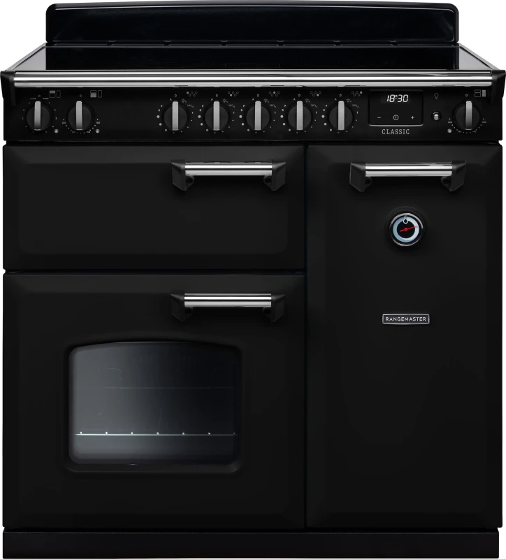 Image of Rangemaster Classic CL90EIPGBL/CM1 90cm wide Electric Range Cooker with Induction Hob - Black / Chrome - A Rated