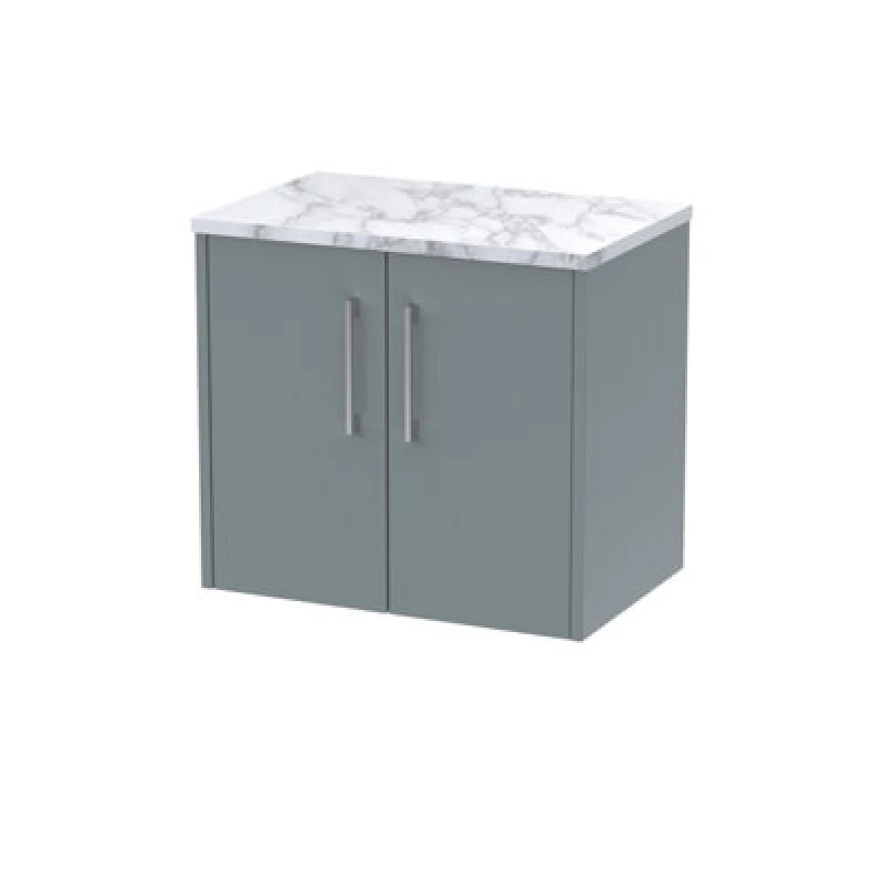 Image of Nuie Hudson Reed Juno Wall Hung 2-Door Vanity Unit & Carrera Marble Worktop, Stylish Countertop Basin Unit In Coastal Grey, 600mm