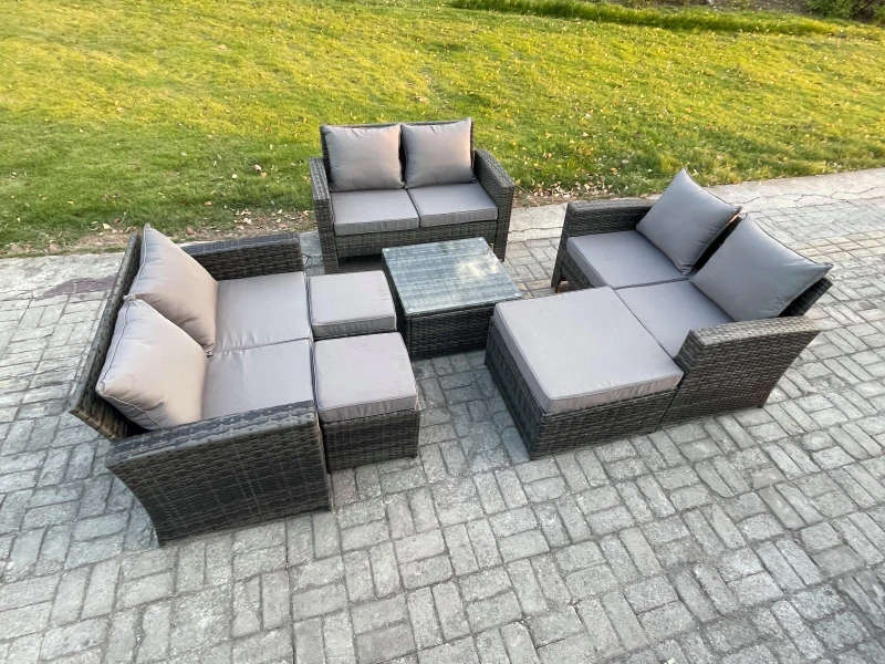 Image of Fimous Outdoor Lounge Sofa Set Wicker PE Rattan Garden Furniture Set with Square Coffee Table Double Seat Sofa 3 Footstools in Dark Grey Dark Grey Uni