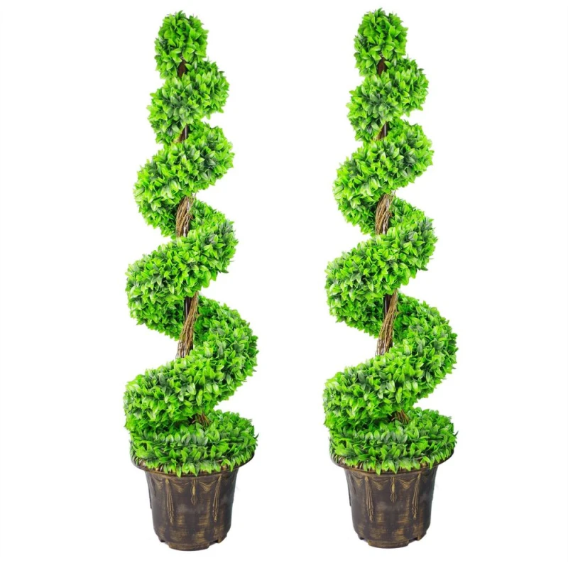 Image of Leaf Design 120cm Pair of Artificial Green Large Leaf Spiral Topiary Trees with Decorative Planters