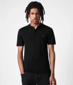Image of AllSaints Mens Merino Wool Slim Fit Mode Short Sleeve Polo Shirt, Black, Size: S