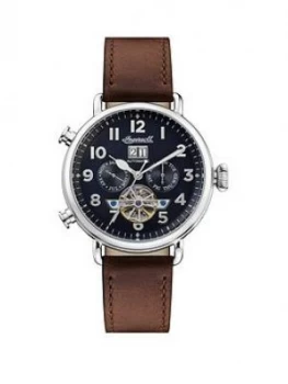 Image of Ingersoll Ingersoll Muse Black And Silver Detail Daydate Skeleton Eye Automatic Dial Brown Leather Strap Watch