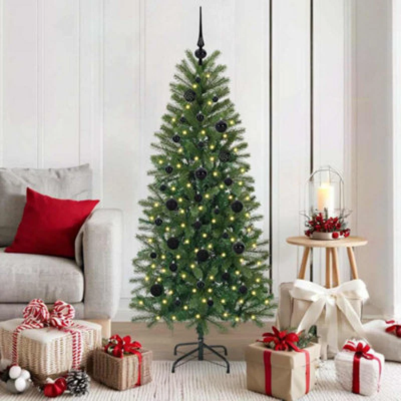 Image of vidaXL Artificial Christmas Tree with 150 LEDs with Black Balls Green 150cm PE and PVC, Green 3397342