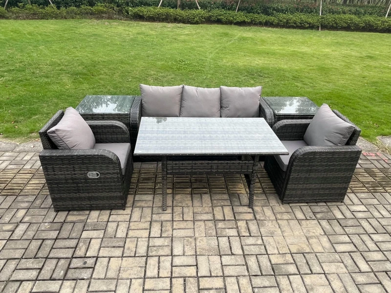Image of Fimous Wicker PE Rattan Garden Furniture Set Outdoor Rectangular Dining Table & Chair Sofa Set With 2 PC Side Table in Dark Grey Dark Grey Unisex
