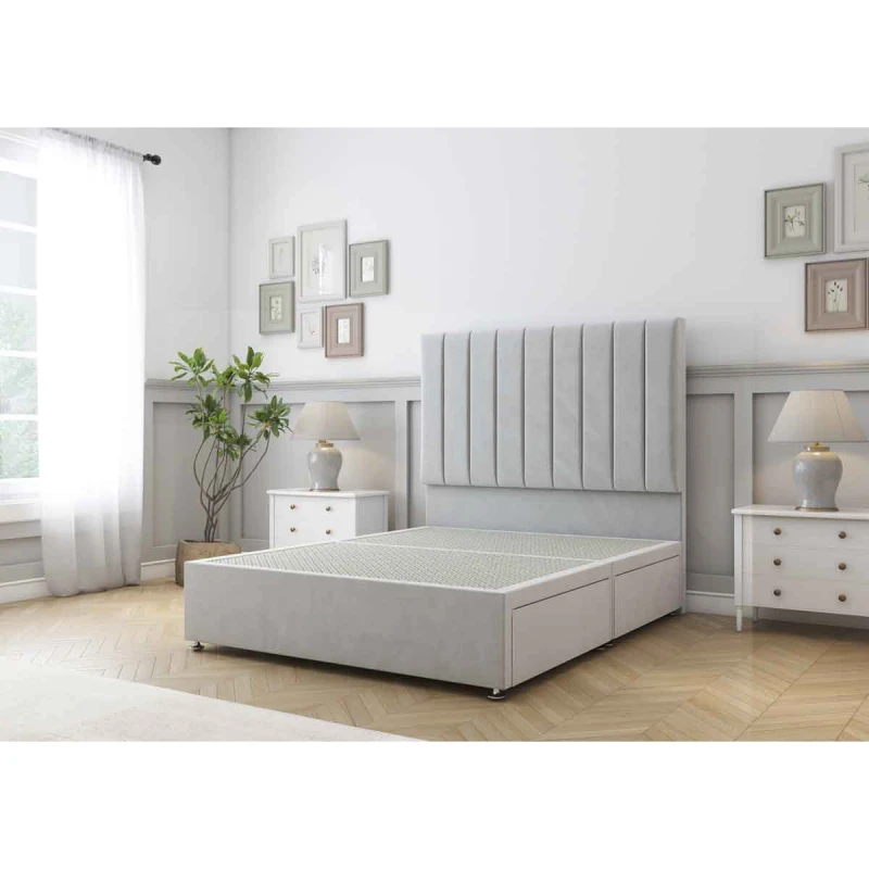 Image of Sloomy Kansas Silver Plush Divan Bed Base 2 Drawers Same Side With 26" Strutted Headboard 5' King