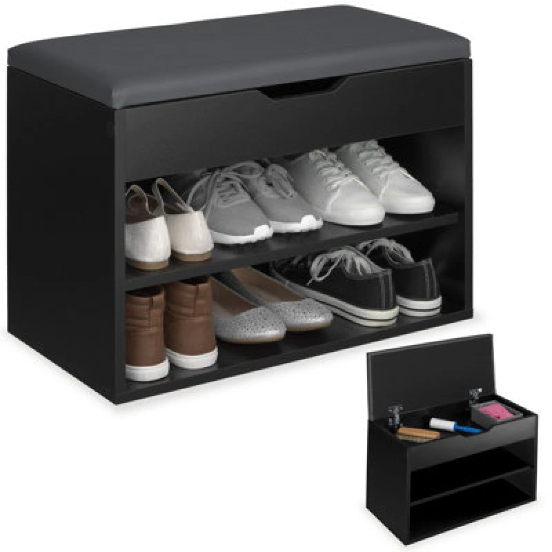 Image of Tectake Shoe Rack Jasmina - Bench With Cushion, 2 Shelves For 6 Pairs Of Shoes, Hinged Lid - 60 Cm - Black