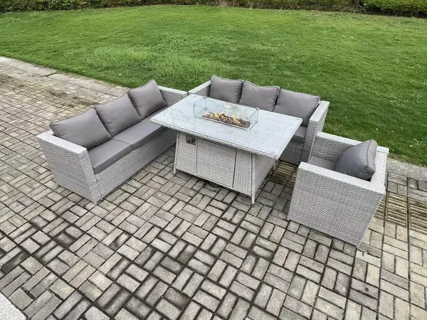 Image of Fimous 7 Seater Outdoor Light Grey Rattan Lounge Complete Sofa Set with Gas Fire Pit Dining Table and Gas Heater