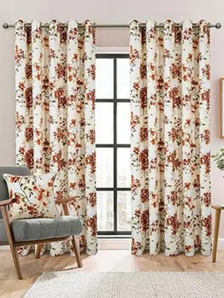 Image of Studio Betty Floral Printed Eyelet Curtains - Size 90x90 Inch