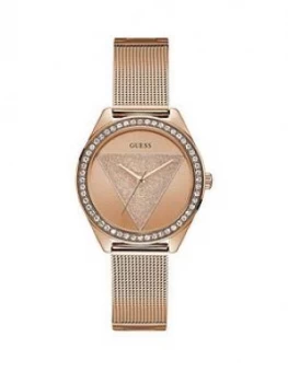 Image of Guess Guess Tri Glitz Rose Gold Crystal Set Dial Stainless Steel Mesh Strap Ladies Watch