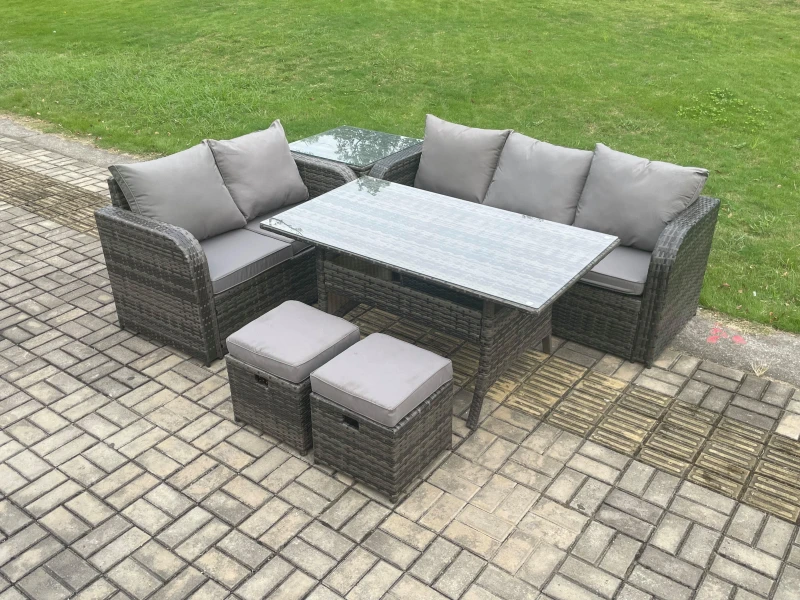 Image of Fimous Outdoor Garden Patio Furniture Wicker Rattan Oblong Rectangular Dining Table & Lounge Sofa set with Side Table 2 Small Footstools in Dark Grey