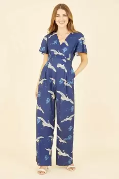 Image of Navy Crane Print Angel Sleeve Jumpsuit