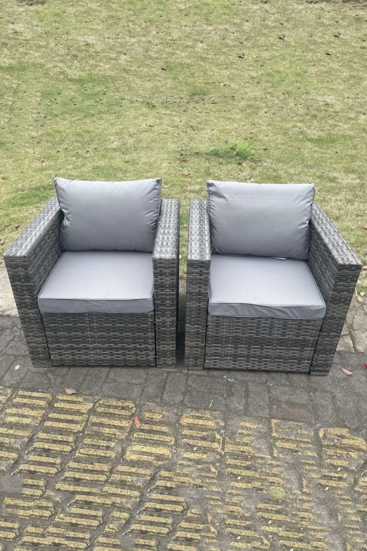 Image of Fimous 2 PC Outdoor Rattan Arm Sofa Chair Garden Furniture With Seat and Back Cushion Dark Grey Mixed Dark Grey