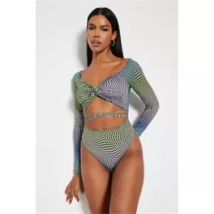 Image of I Saw It First Blue Slinky Printed Ruched Cut Out Long Sleeve Bodysuit - Blue