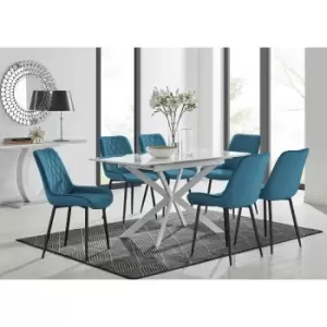 Image of LIRA 120 Extending Dining Table and 6 Blue Pesaro Black Leg Chairs - Blue