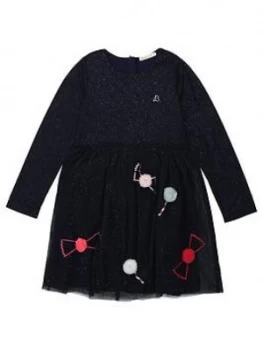 Image of Billieblush Girls Glitter Mesh Pom Pom Dress - Navy