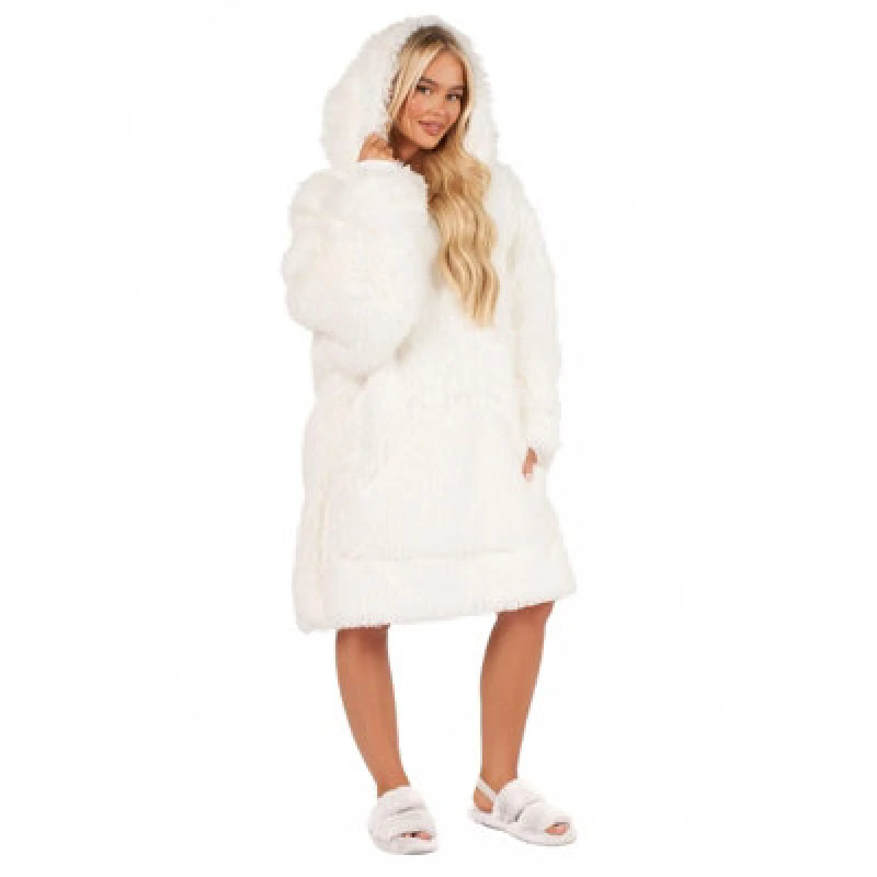 Image of OHS OHS Fluffy Long Fibre Sherpa Hooded Blanket Plush Fleece Soft Throw in White White One Size Unisex 5027434164752