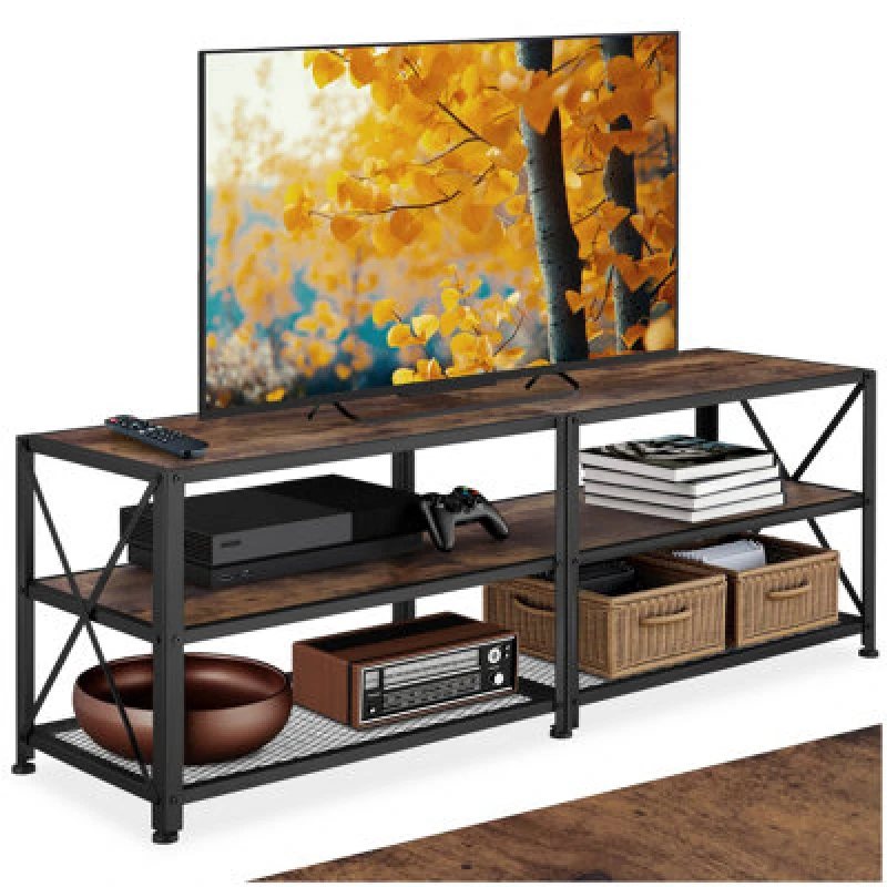 Image of Tectake Industrial TV Stand - Lowboard Cabinet 3 Shelves Low Display Console 141cm - Industrial Wood Dark, Rustic