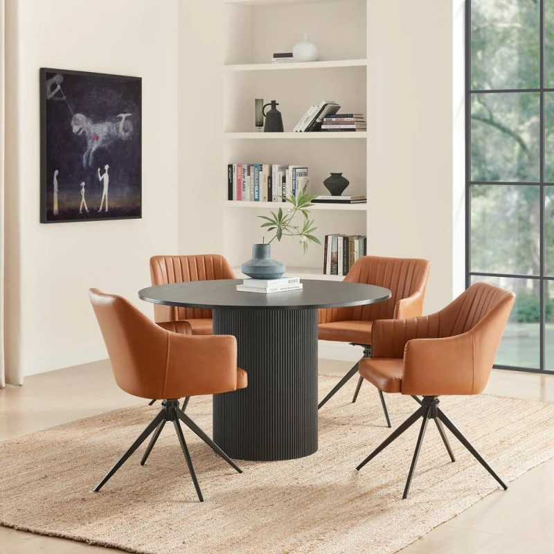 Image of FurnitureboxUK FurnitureboxUK Penrose Black Round Dining Table & 4 Calla Faux Leather Swivel Chairs in Tan Tan One Size Unisex 5056784315903