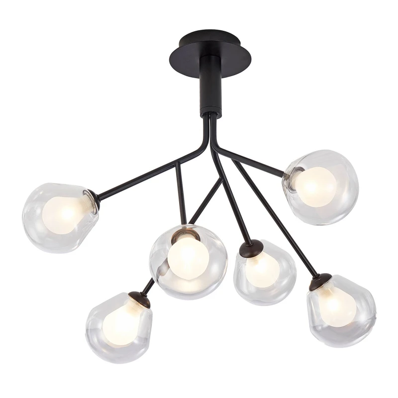Image of Happy Homewares Modern Designer Matte Black 6-Arm Ceiling Light with Opal & Clear Glass Shades Black Unisex