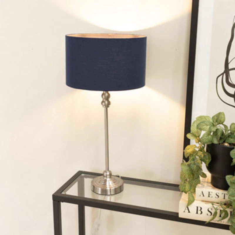 Image of ValueLights Maggie Brushed Chrome Candlestick Slim Table Lamp with Fabric Drum Lamp Shade Navy