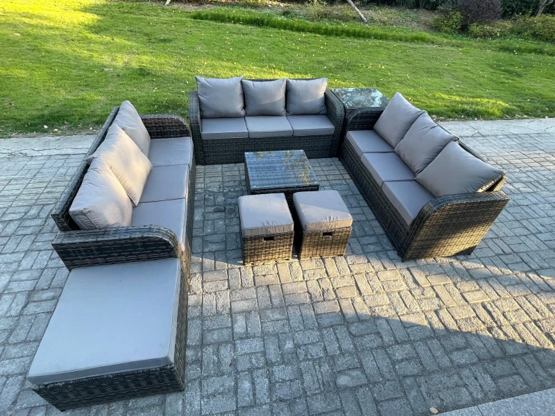 Image of Fimous 12 Seater Rattan Outdoor Furniture Set Patio Garden Sofa Set with Square Coffee Table 3 Seater Sofa Side Table Dark Grey