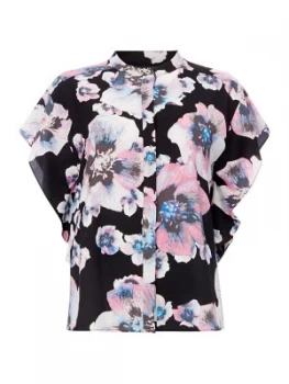 Image of DKNY Short sleeve ruffle printed blouse Black
