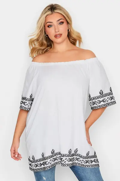 Image of Yours Embroidered Hem Bardot Top White