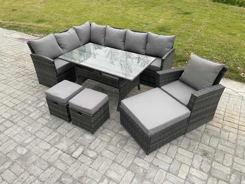 Image of Fimous 10 Seater Outdoor Rattan Garden Furniture Set with Rectangular Dining Table 3 Footstool Armchiar Wicker Corner Sofa Set in Dark Grey Dark Grey