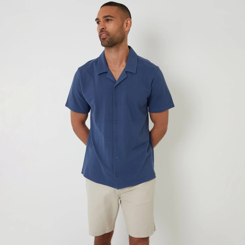 Image of Threadbare Cotton Pique Revere Collar Short Sleeve Shirt Blue male S