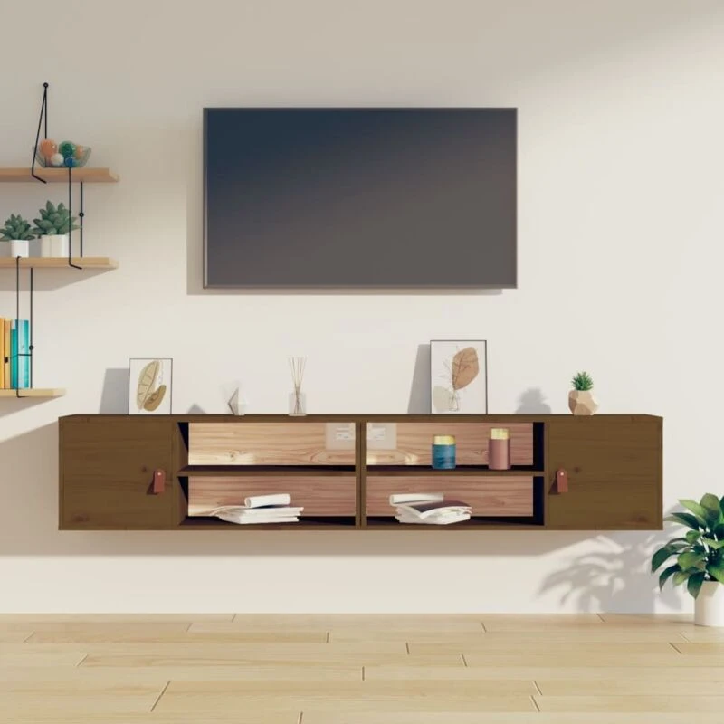 Image of Vidaxl 2X Solid Wood Pine Wall Cabinets Wooden Floating TV Unit Sideboard Entertainment Centre Wall Mounted Hanging Cabinet Media Unit Honey Brown, Br