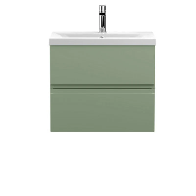 Image of Nuie Hudson Reed Urban Wall Hung 2 Drawer Vanity Unit With Mid-Edge Ceramic Basin, Modern Bathroom Furniture In Satin Green, 600mm