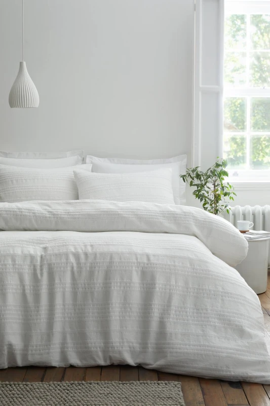 Image of Bianca 'Waffle Cotton Stripe' Duvet Cover Set in White Size: Double White Unisex Double