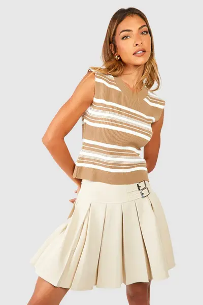 Image of boohoo Mixed Stripe Rib Knit Vest Taupe