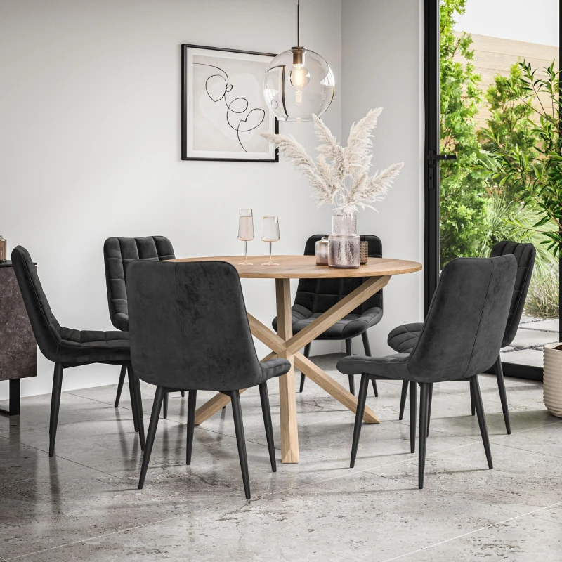 Image of More4Homes Malvern Round Dining Table And Chairs - Oak Table Top W Solid Oak Legs + Nova Velvet Dining Chair Set Of 6 (Black)