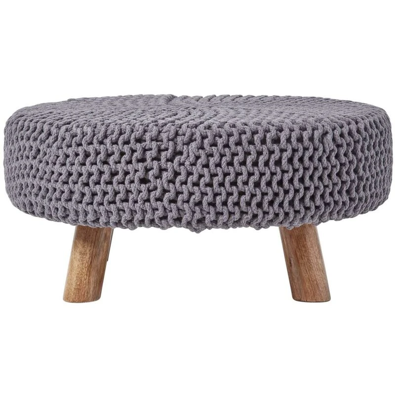 Image of Homescapes Large Round Cotton Knitted Footstool on Legs Grey
