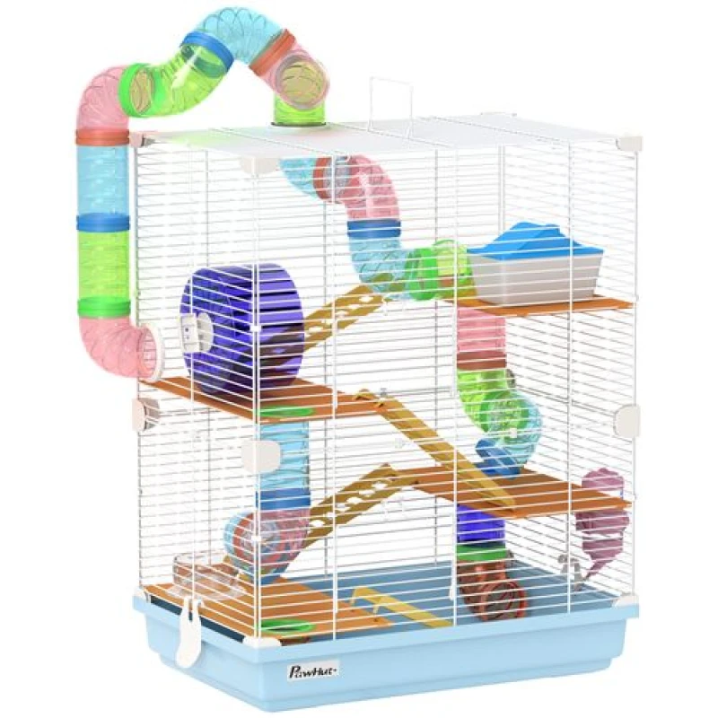 Image of PawHut Pawhut - 5 Tier Hamster Cage Carrier Habitat Small Animal House with Exercise Wheels Tunnel Tube Water Bottle Dishes House Ladder for Dwarf Blu